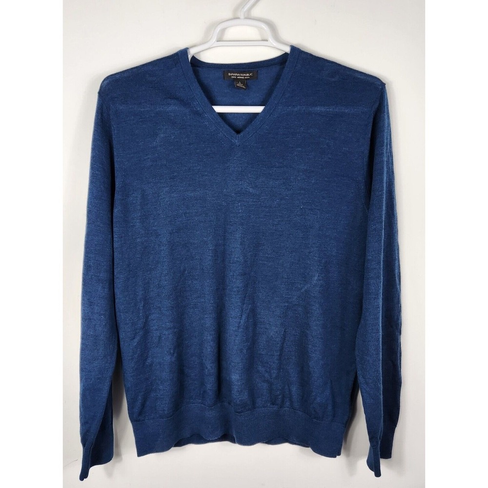 Banana Republic Sweater Mens Large Blue Merino Wool V-Neck Long Sleeve Fine Knit